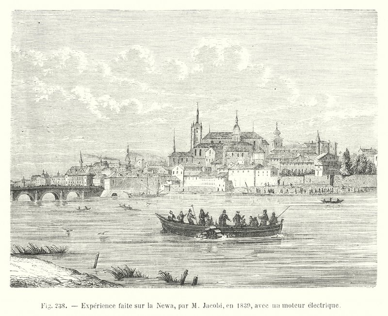 Kokemus Newassa, M Jacobi, vuonna 1839, sähkömoottorilla (kaiverrus) tekijältä European School