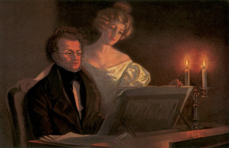 Franz Schubert pianon ääressä (värilitografia) tekijältä European School