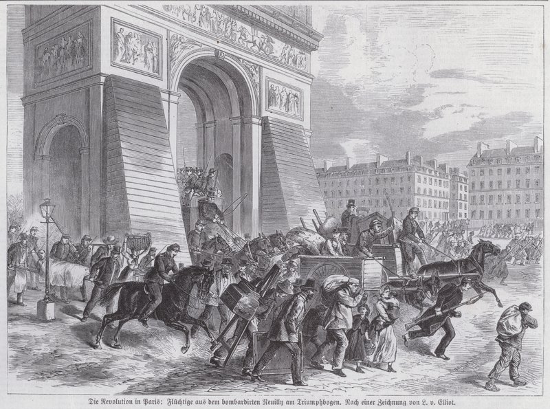 Karkulaisia Ranskan armeijan pommituksesta Riemukaaren ohitse, Pariisin kommuuni, huhtikuu 1871 (kaiverrus) tekijältä European School