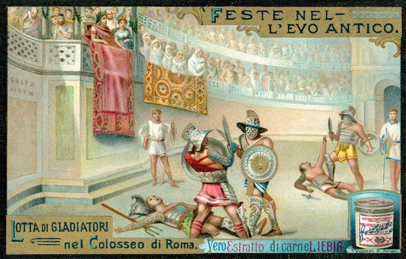 Gladiaattoritaistelu Colosseumissa, Roomassa (chromolitho) tekijältä European School