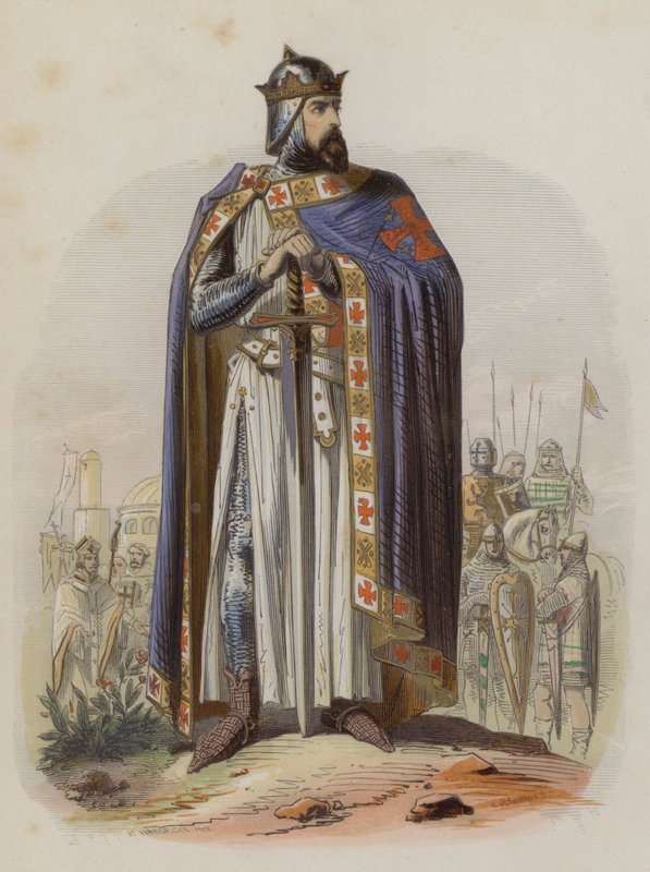 Godfrey of Bouillon, ensimmäisen ristiretken frankkilainen johtaja ja Jerusalemin kuningaskunnan ensimmäinen hallitsija (värillinen kaiverrus) tekijältä European School