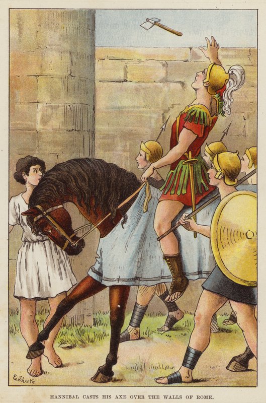 Hannibal heittää kirveensä Rooman muurien yli (chromolitho) tekijältä European School