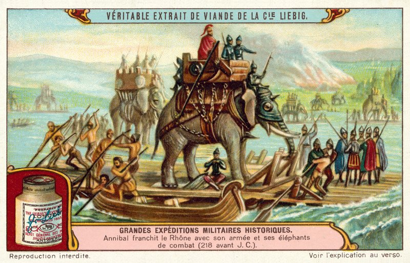 Hannibal ylittää Rhônen armeijansa ja norsujensa kanssa, 218 eKr. (chromolitho) tekijältä European School