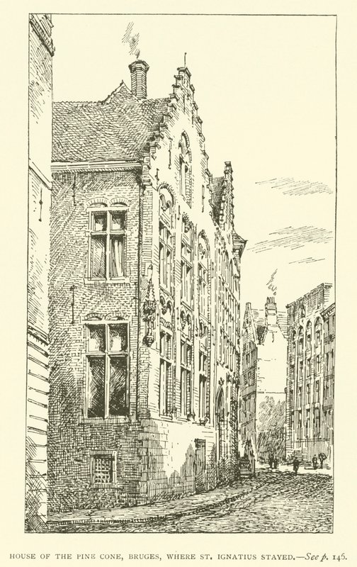 Männynkäpytalo, Brugge, jossa Pyhä Ignatius asui (kaiverrus) tekijältä European School