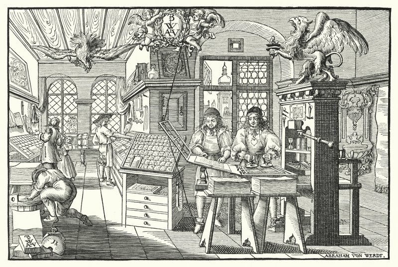 Kirjapainopajan sisustus, c1676 (kaiverrus) tekijältä European School