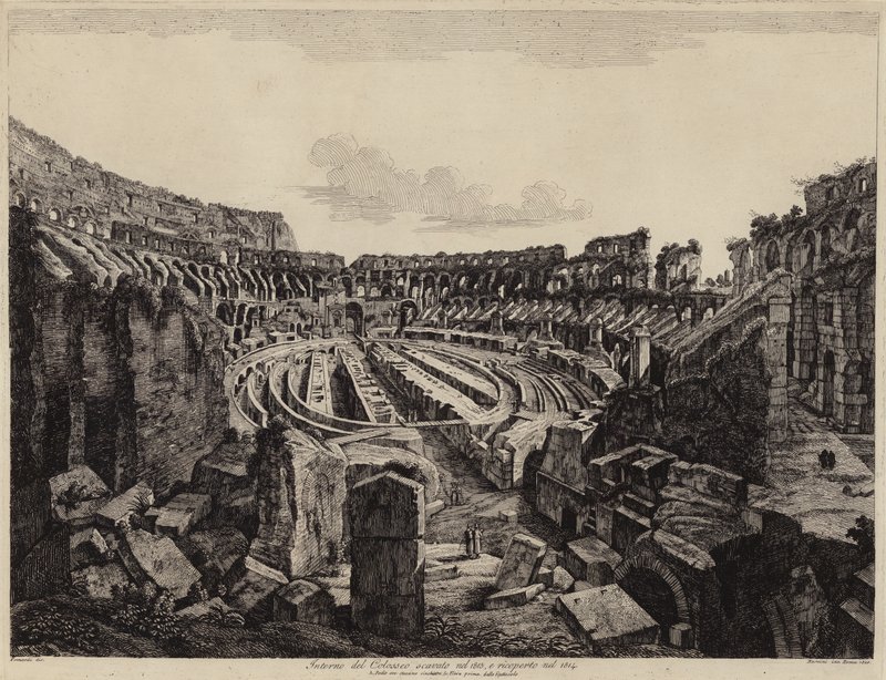 Rooman Colosseumin sisätilat, kaivettu vuonna 1813 ja avattu vuonna 1814 (kaiverrus) tekijältä European School
