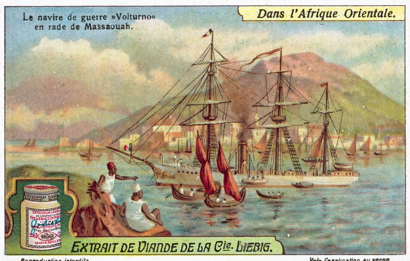 Italialainen sotalaiva Volturno Massawan satamassa Eritreassa (chromolitho) tekijältä European School