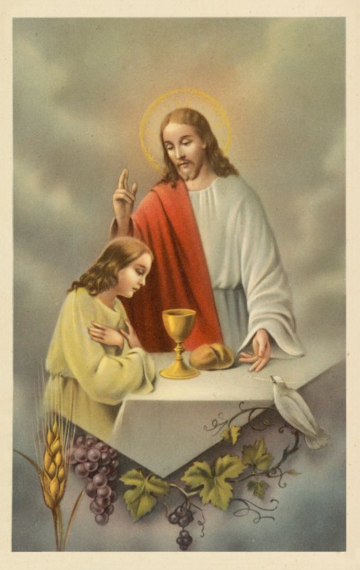 Jeesus Kristus siunaa ehtoolliselle menevää tyttöä (värilitografia). tekijältä European School