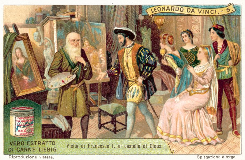 Ranskan kuningas Francis I vierailee Leonardo da Vincin luona Clos Lucessa (chromolitho) tekijältä European School