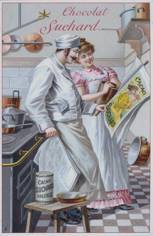 Keittiökohtaus, mainos Suchard-kaakaosta (chromolitho) tekijältä European School