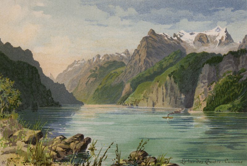 Lucerne-järvi: Lucerne: Neljän kantonin järvi (värilitografia). tekijältä European School