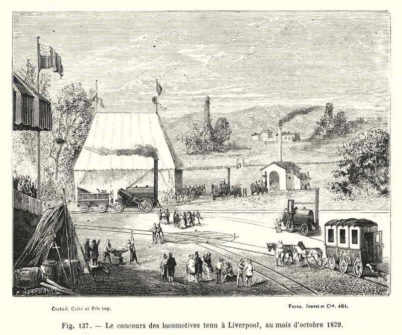 Liverpoolissa lokakuussa 1829 pidetty veturikilpailu (kaiverrus) tekijältä European School