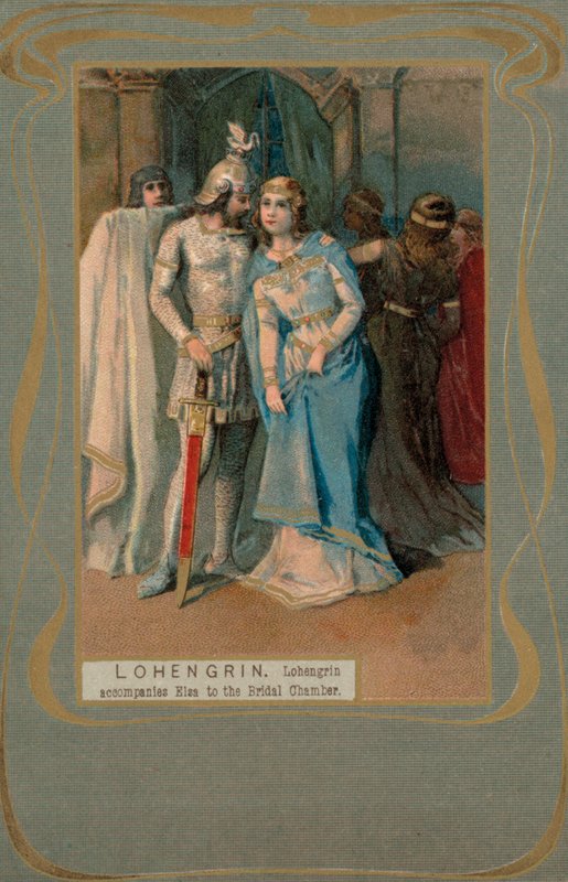 Lohengrin saattaa Elsan morsiushuoneeseen (värilitografia). tekijältä European School