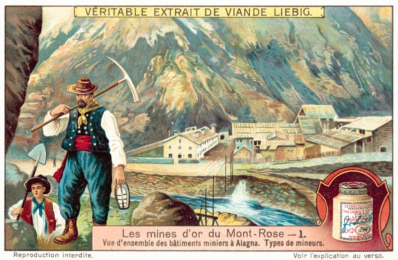 Kaivostyöläiset ja kaivosrakennukset Monte Rosan kultakaivoksissa, Italiassa (chromolitho) tekijältä European School