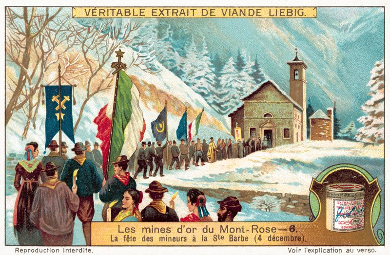 Monte Rosan kultakaivoksen kaivostyöntekijät juhlivat kaivostyöläisten suojeluspyhimyksen Pyhän Barbaran (chromolitho) juhlaa tekijältä European School