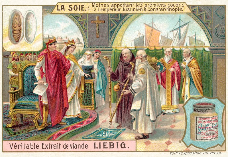 Munkit tuovat ensimmäiset silkkikotelot keisari Justinianukselle Konstantinopoliin (chromolitho) tekijältä European School