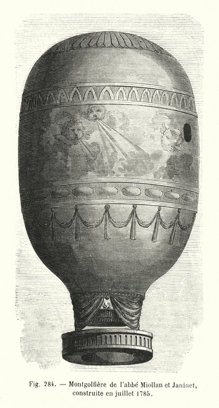 Abbe Miollanin ja Janinetin Montgolfiere, rakennettu heinäkuussa 1785 (kaiverrus) tekijältä European School