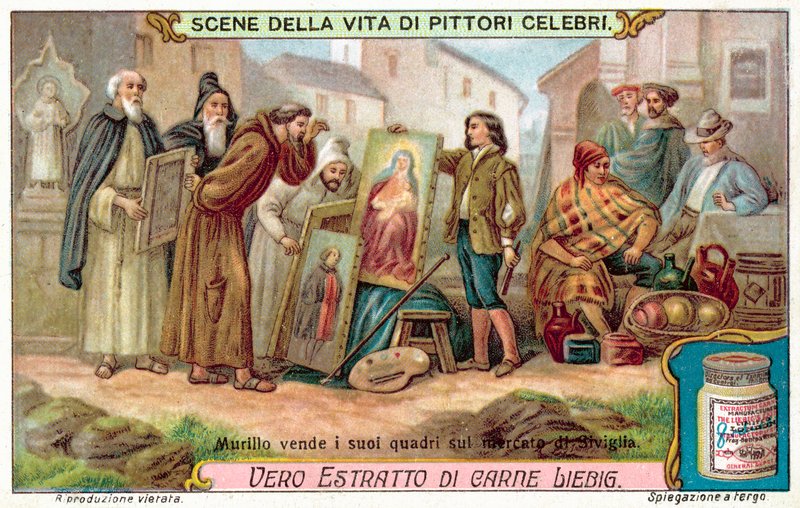 Murillo myy maalauksiaan Sevillan markkinoilla (chromolitho) tekijältä European School