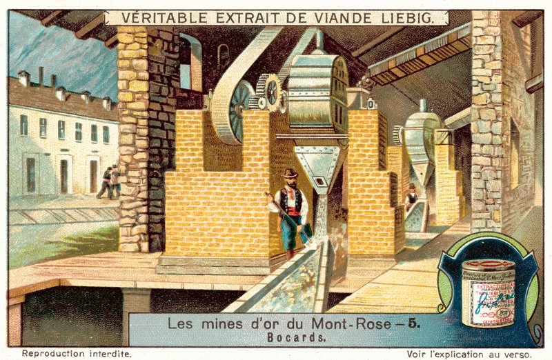 Malmitehdas Monte Rosan kultakaivoksella, Italiassa (chromolitho) tekijältä European School