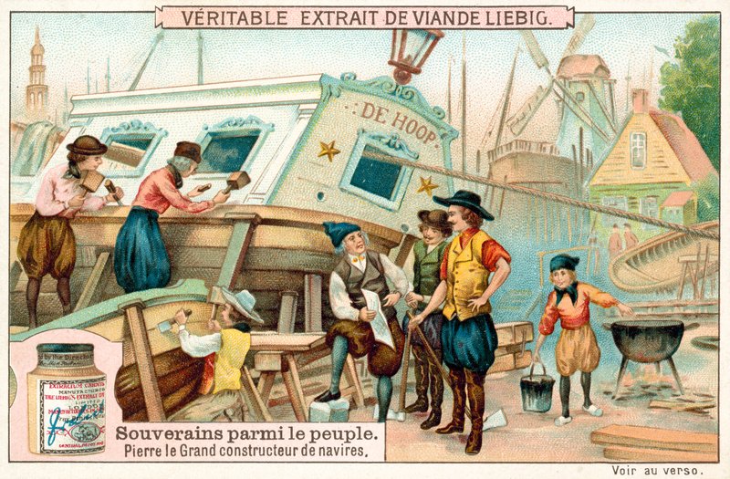 Pietari Suuri työskentelee laivanrakentajana Alankomaissa (chromolitho) tekijältä European School