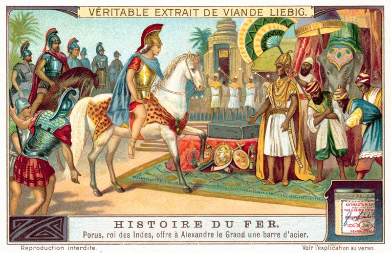 Porus, Pauravien kuningas, tarjoaa Aleksanteri Suurelle terästangon (chromolitho) tekijältä European School