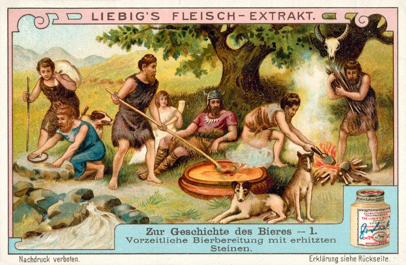 Esihistoriallinen oluen tuotanto lämmitetyillä kivillä (chromolitho) tekijältä European School