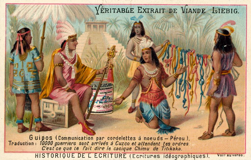 Quipus, kommunikaatiojärjestelmä solmittujen merkkijonojen avulla, Peru (chromolitho) tekijältä European School