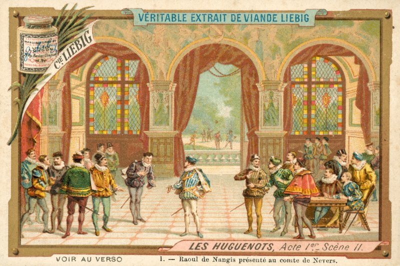 Kohtaus Giacomo Meyerbeerin oopperasta Les Huguenots (chromolitho) tekijältä European School