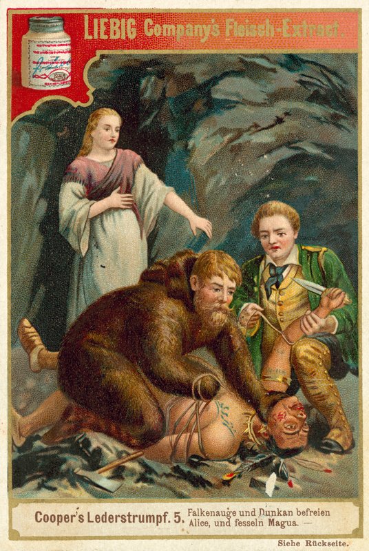 Kohtaus elokuvasta Last of the Mohicans, kirjoittanut James Fenimore Cooper (chromolitho) tekijältä European School