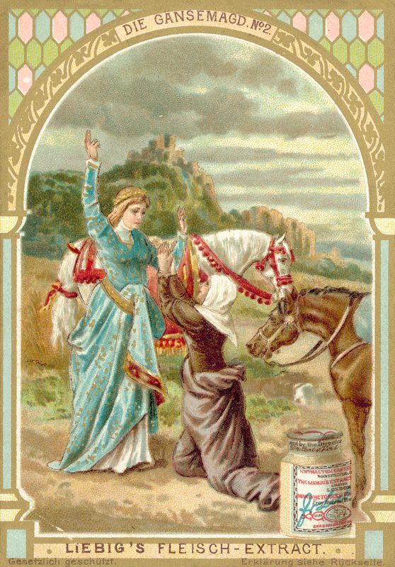 Kohtaus Grimmin veljesten sadusta Hanhityttö (chromolitho) tekijältä European School