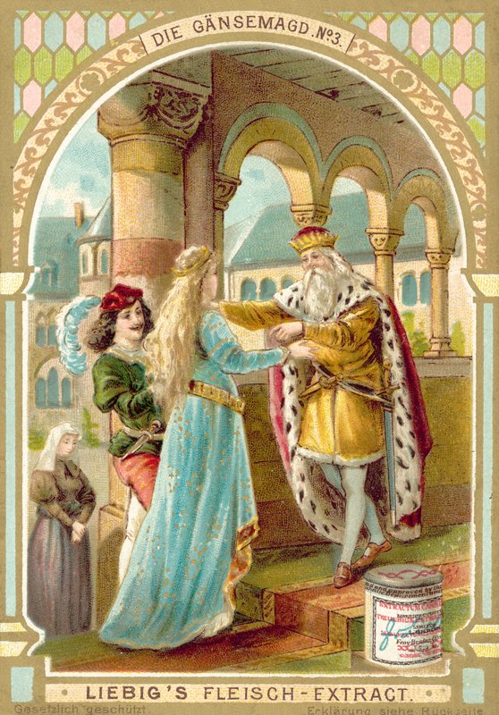 Kohtaus Grimmin veljesten sadusta Hanhityttö (chromolitho) tekijältä European School