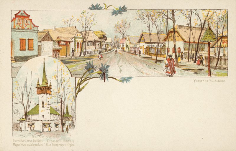 Kohtauksia Budapestista, unkarilaisesta kadusta ja kirkosta (chromolitho) tekijältä European School