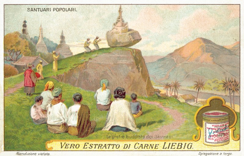 Siamilaiset buddhalaiset palvomassa tasapainoittavassa kalliopyhäkössä (chromolitho) tekijältä European School