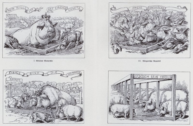 Sosialistinen sarjakuva vuodelta 1895 erilaisista hallintomuodoista (litho) tekijältä European School