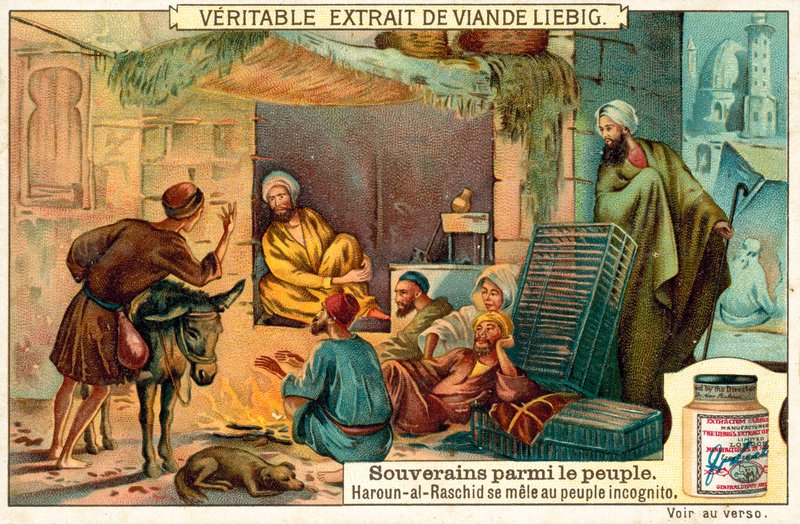 Abbasidien kalifi Harun al-Rashid seurustelemassa kansansa kanssa incognito-tilassa (chromolitho) tekijältä European School