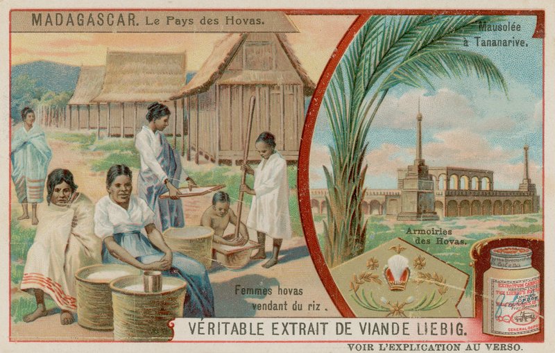 Hovan maa: Naiset myyvät riisiä, mausoleumi Antananarivossa ja Hovan vaakuna tekijältä European School