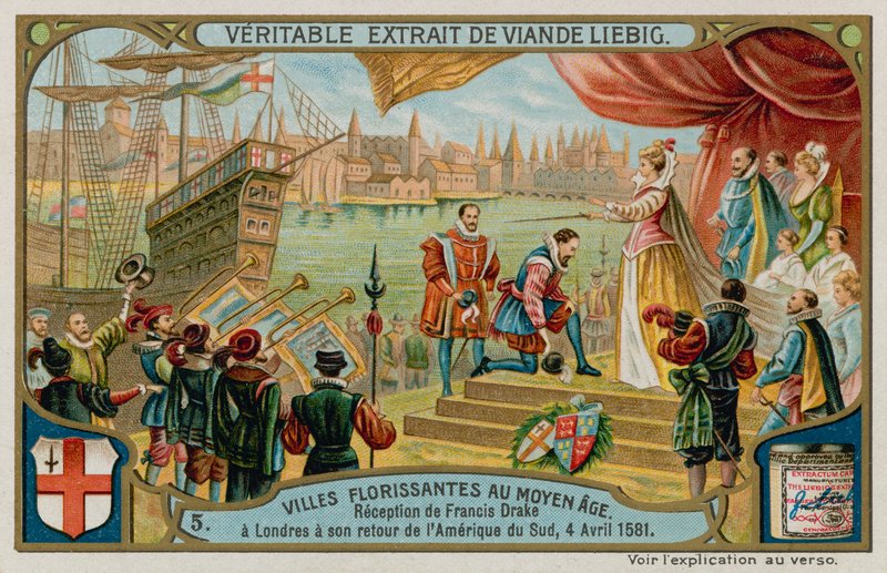 Francis Draken vastaanotto Lontooseen Etelä-Amerikasta vuonna 1581 (chromolitho) tekijältä European School