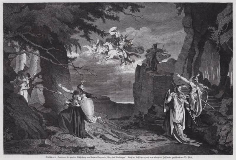 Valkyrien ratsastus, kohtaus Die Walkuresta, Richard Wagnerin Der Ring des Nibelungenin toisesta oopperasta, esitetty Münchenin kansallisteatterissa (kaiverrus) tekijältä European School