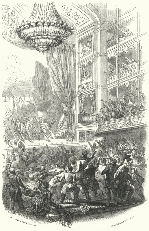 Belgian vallankumouksen alku: Daniel Auberin oopperan La Muette de Porcini esitys Theater de la Monnaiessa Brysselissä, 25. elokuuta 1830 (kaiverrus) tekijältä European School