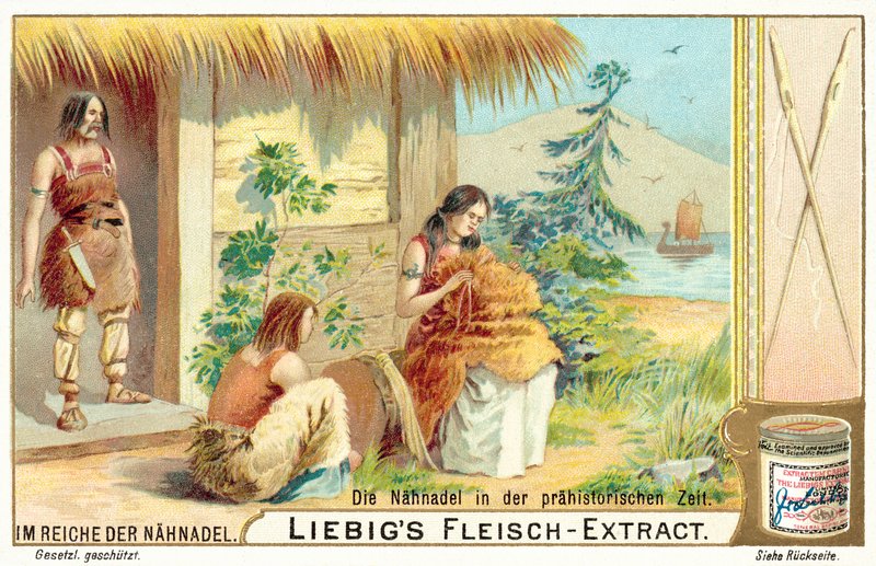 Ompeluneula esihistoriallisina aikoina (chromolitho) tekijältä European School