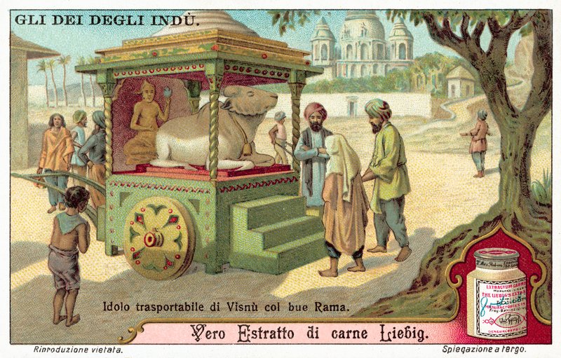 Kuljetettava Vishnun idoli härkä Raman kanssa (chromolitho) tekijältä European School
