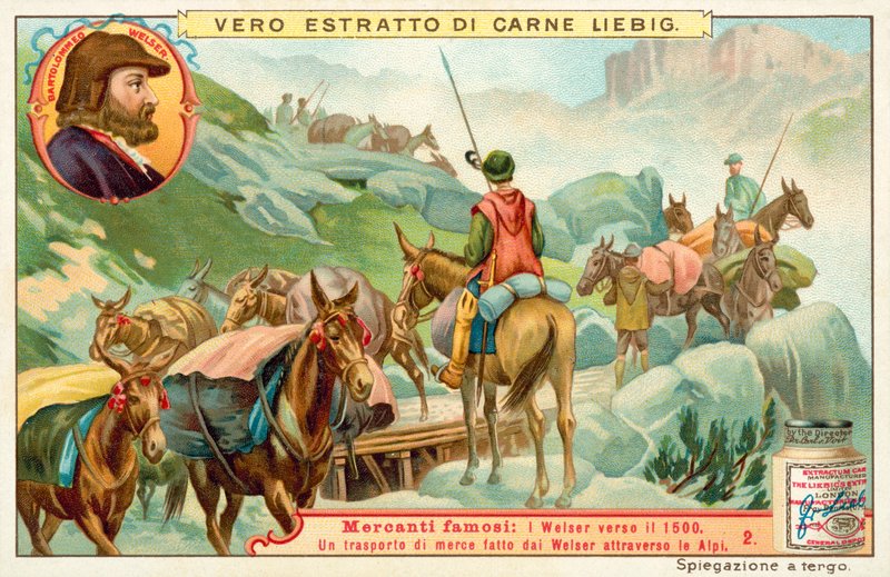 Bartolomeus Welserin valmistamien tavaroiden kuljetus Alppien yli (chromolitho) tekijältä European School