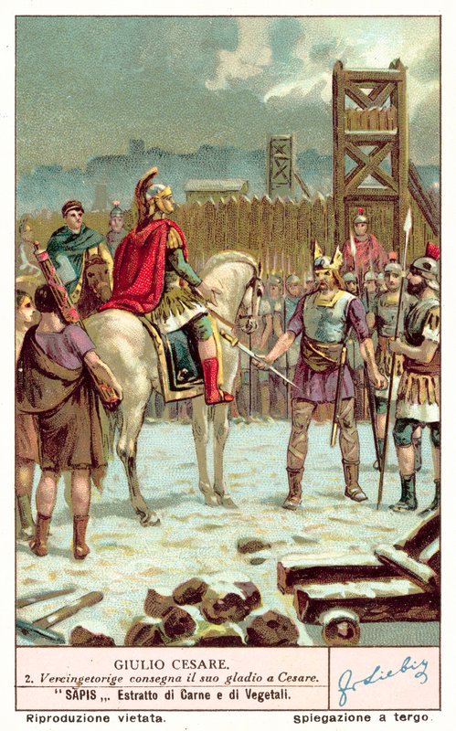 Vercingetorix luovuttamassa miekkansa Julius Caesarille Alesian piirityksen jälkeen, 52 eKr. (chromolitho) tekijältä European School