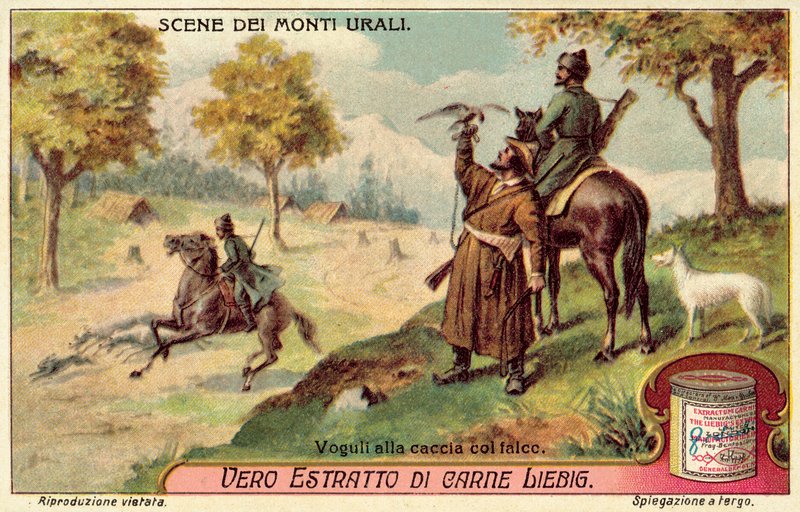 Vogulit metsästämässä haukkojen kanssa (chromolitho) tekijältä European School