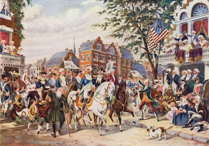 Washingtonin saapuminen New Yorkiin (värilitografia) tekijältä European School