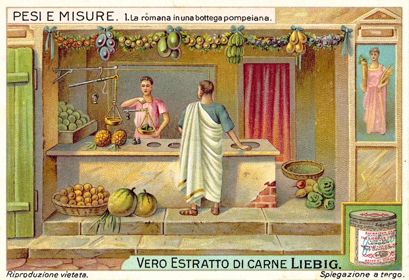 Hedelmien punnitseminen Pompejin kaupassa (chromolitho) tekijältä European School