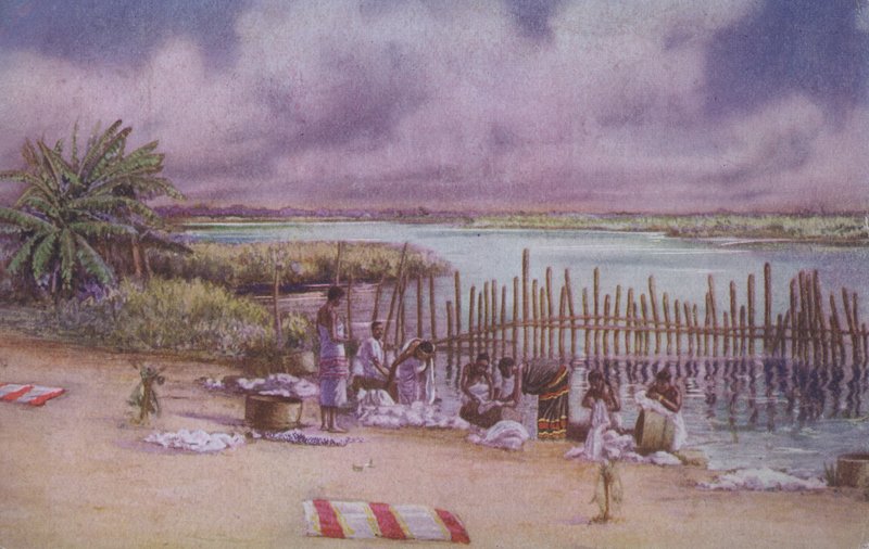 Naiset pesevät vaatteitaan joessa, Pohjois-Afrikka (värilitro) tekijältä European School