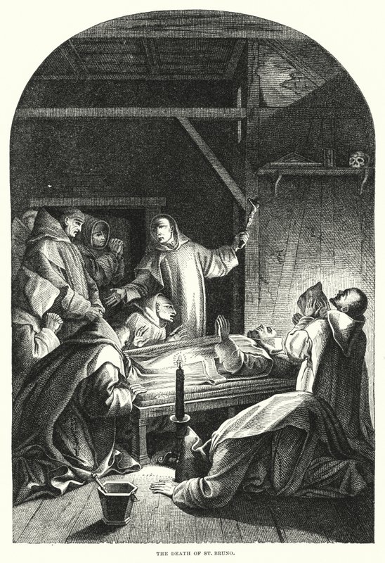 Pyhän Brunon kuolema (kaiverrus) tekijältä Eustache (after) Le Sueur