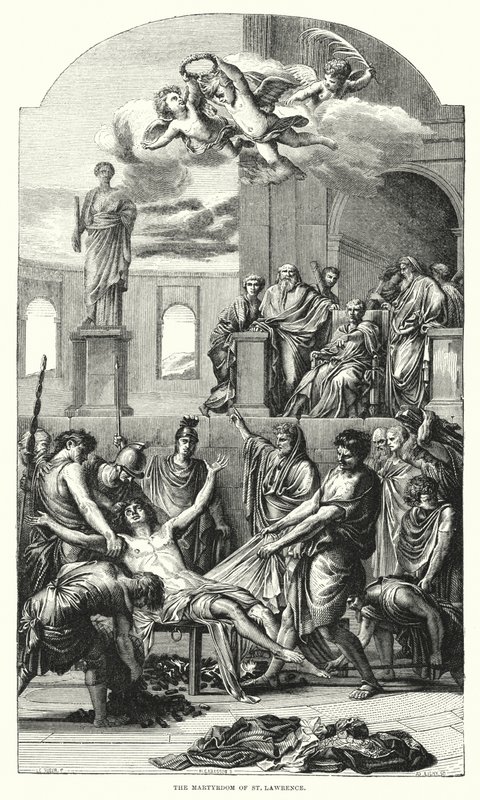 Pyhän Laurentiuksen marttyyrikuolema (kaiverrus) tekijältä Eustache (after) Le Sueur