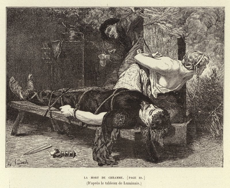 La Mort de Chramme. Chramin, Chlothar I:n pojan, frankkien kuninkaan, kuolema, 561 (kaiverrus) tekijältä Evariste Vital Luminais